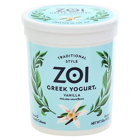 Zoi greek yogurt - 18g. Carbs. 11g. Protein. 10g. There are 230 calories in 8 oz (227 g) of Zoi Greek Yogurt Traditional Style Plain Yogurt. Calorie breakdown: 66% fat, 18% carbs, 16% protein.